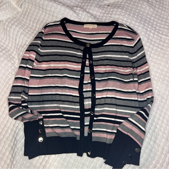 Retrology Striped Button Front Cardigan with Sleeve Detail | Size M - Picture 2 of 7